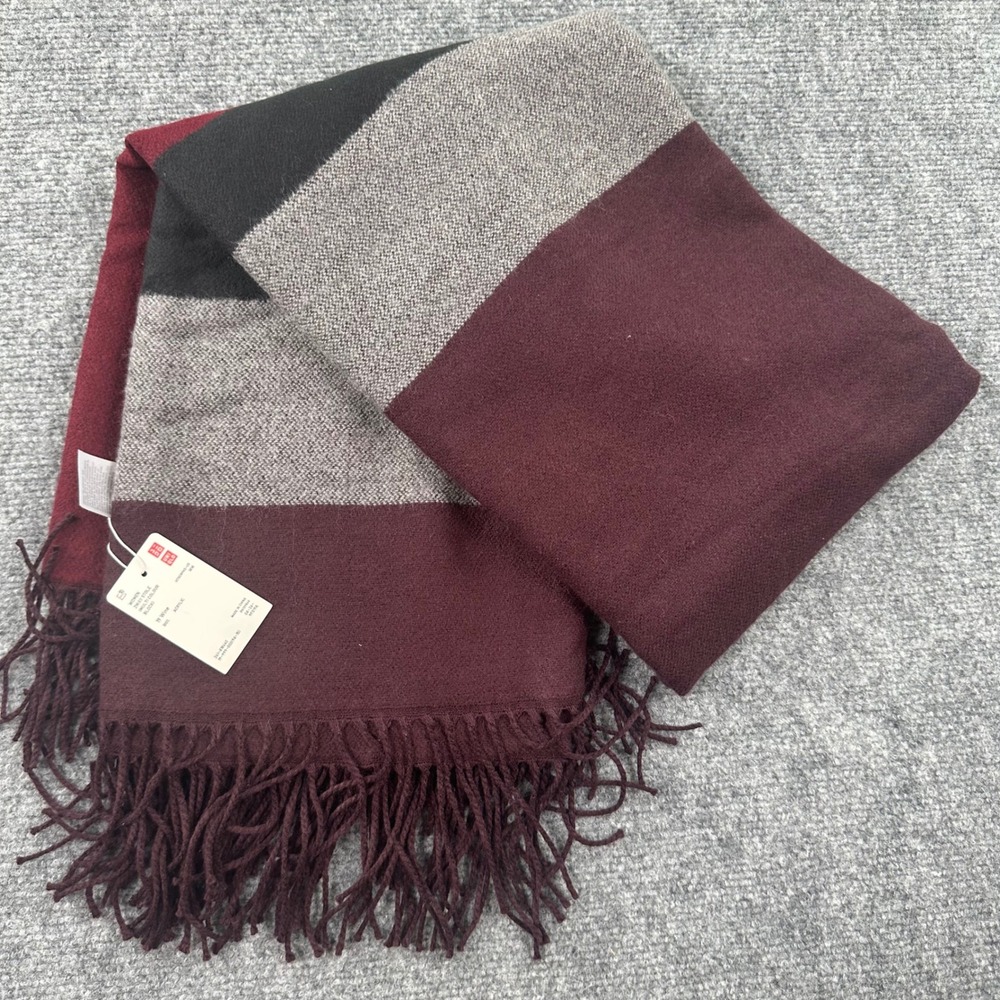 Uniqlo 2Way Stole OS Wine Multi Color Block Fringed Wrap NWT Women